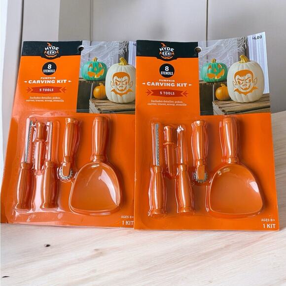 2 Sets HYDE & EEK Pumpkin Carving Kit 5 Tools 8 Stencils Halloween Kids Crafts - Picture 1 of 6